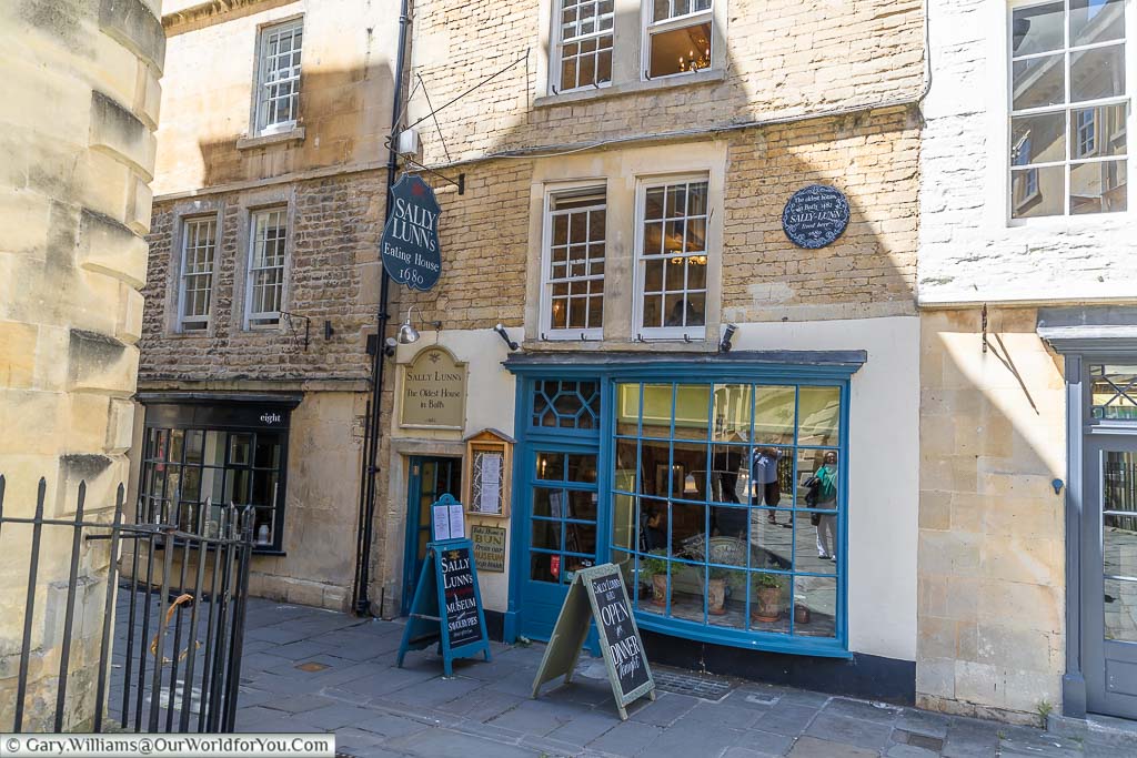 The front of Sally Lunn’s Eating House, a top tourist attraction in Bath, in North Parade Passage in the historic city Centre