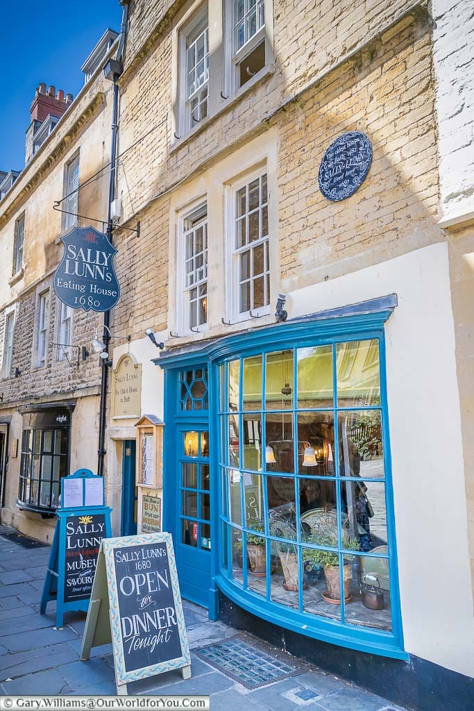 The front of Sally Lunn’s Eating House, a top tourist attraction in Bath, in North Parade Passage in the historic city Centre