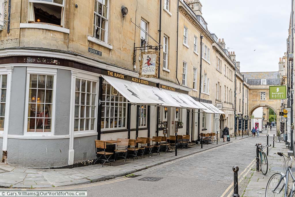 The outside of the Raven Pub on Queen Street in Bath in the late afternoon