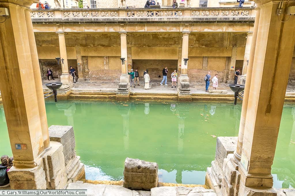 Looking down on the Great Bath from the museum within the Roman Bath complex.