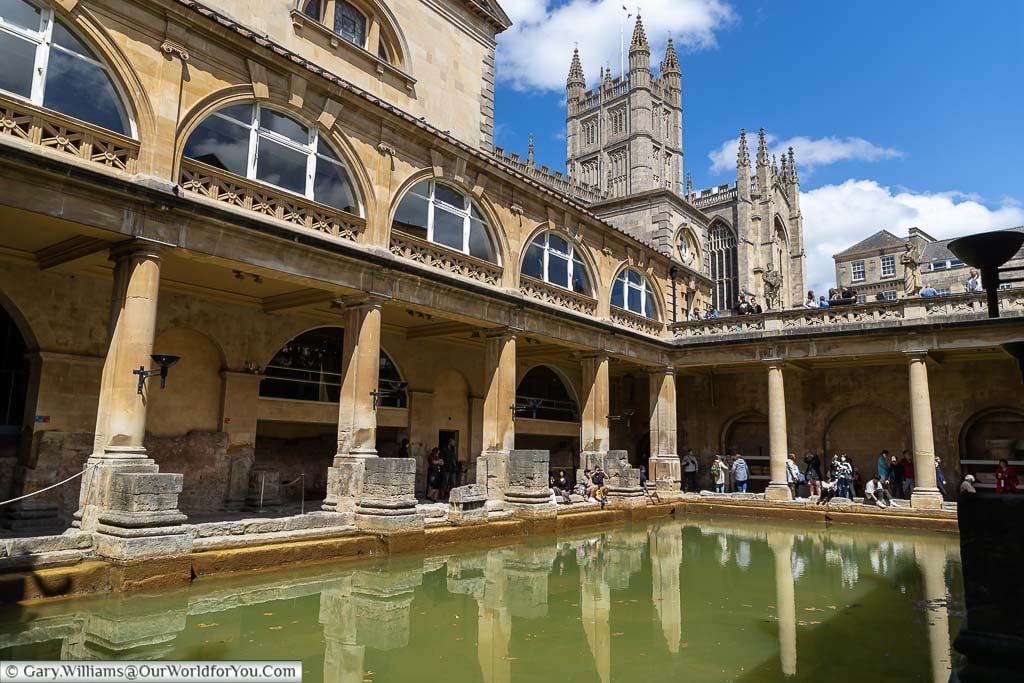The view of Roman Baths with Bath Abbey as a backdrop