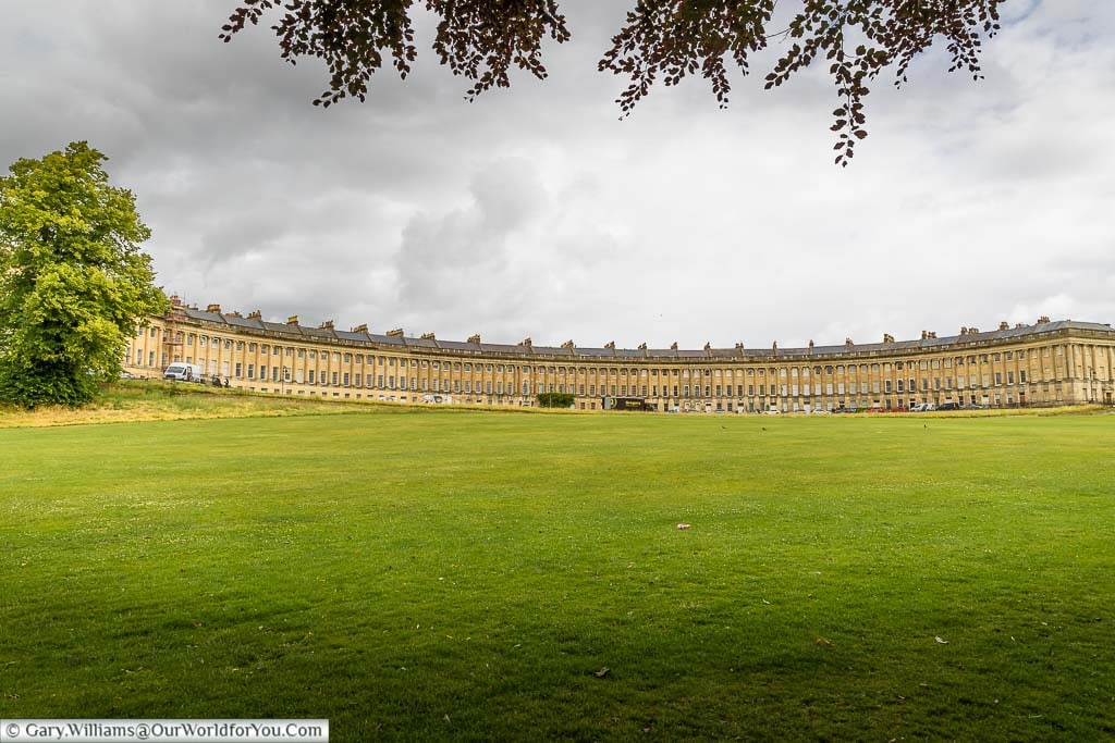 The historic Georgian Royal Crescent in Bath, as seen from the lawns that spread out in front of it.