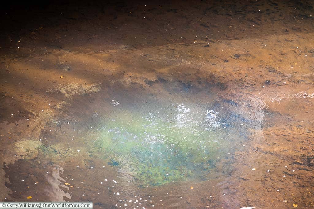 Bubbles appearing on the water's surface above an aqua-coloured hole in the earth's surface within the Roman Baths