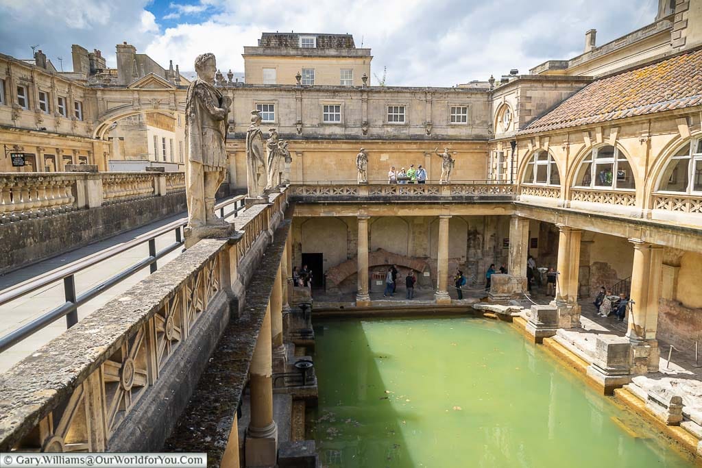 Overlooking the Great Bath from the victorian upper terrace of the Roman Baths in Bath