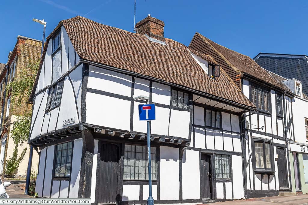 The rickety looking half-timbered historic building at the corner of st faith's steed and station road in maidstone, kent