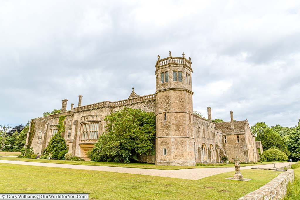 The southeast corner of Lacock Abbey in Wiltshire with its striking tower