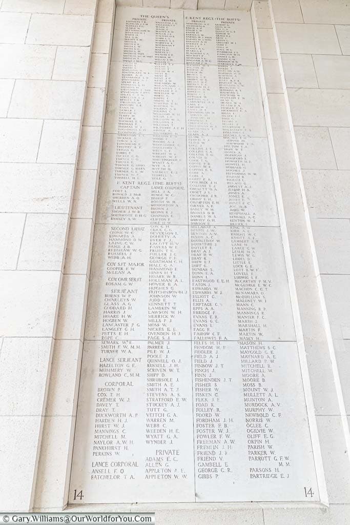 A single tablet on the Menin Gate in Ypres, listing hundreds of names of the fallen in world war one who have no grave.