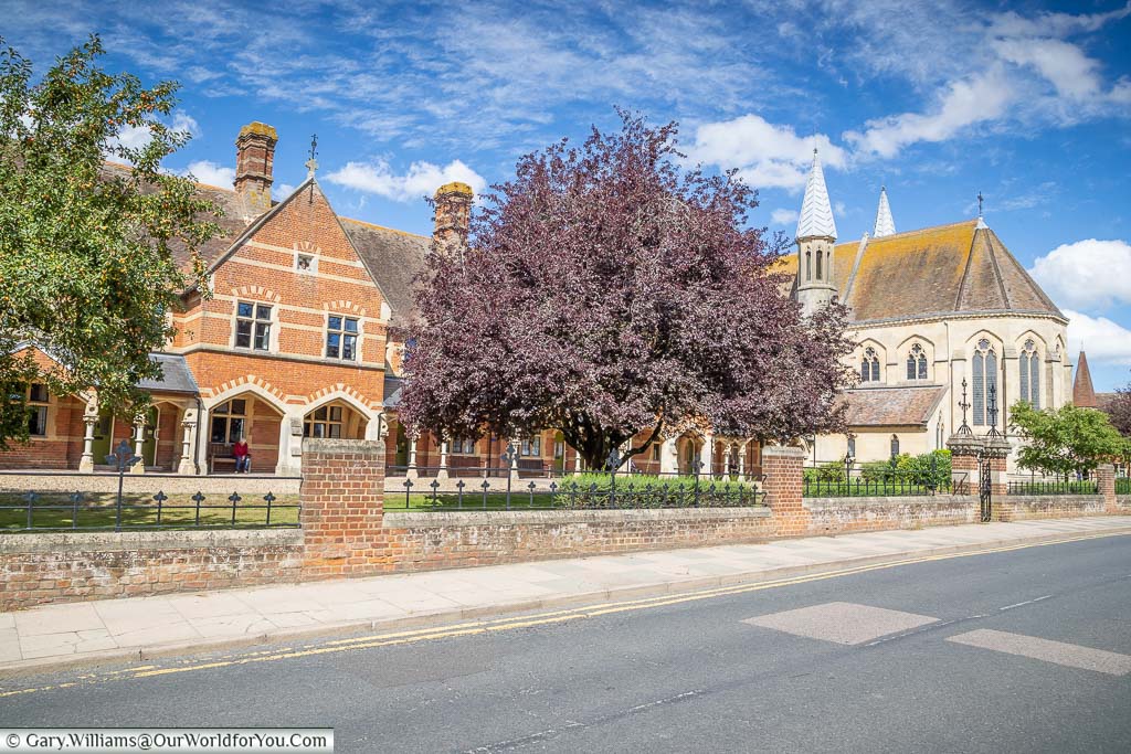 The brick-built Faversham Almshouses on South Road, in the medieval town of Faversham, Kent