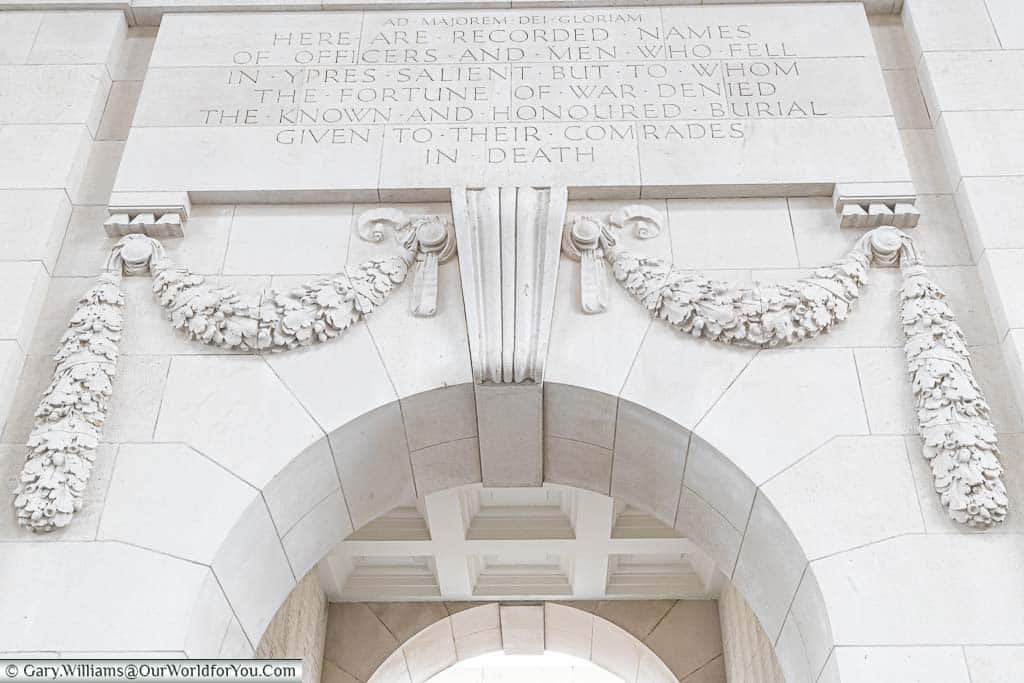 A stone engraving above an archway in the Menin Gate in Ypres, dedicated to those who fell at the Ypres salient.