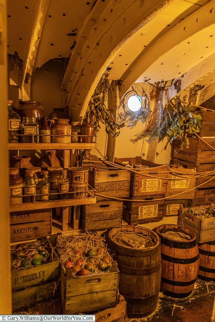 A recreated storage area, packed with supplies from the 19th century onboard the SS Great Britain museum experience in Bristol Harbour.