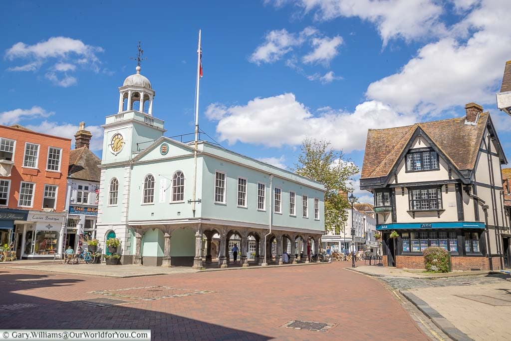 The view of the 17th-century Guildhall in the centre of Market Place in Faversham in Kent