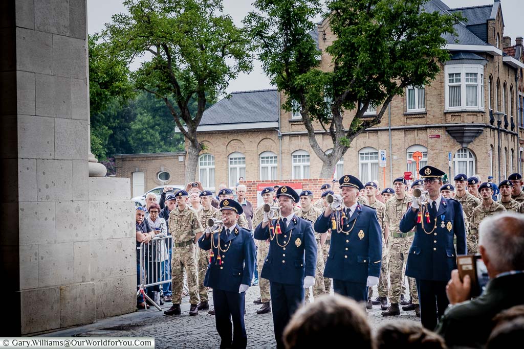 The buglers from The Last Post Association performing the Last post under the Menin Gate in the Belgium town of Ypres