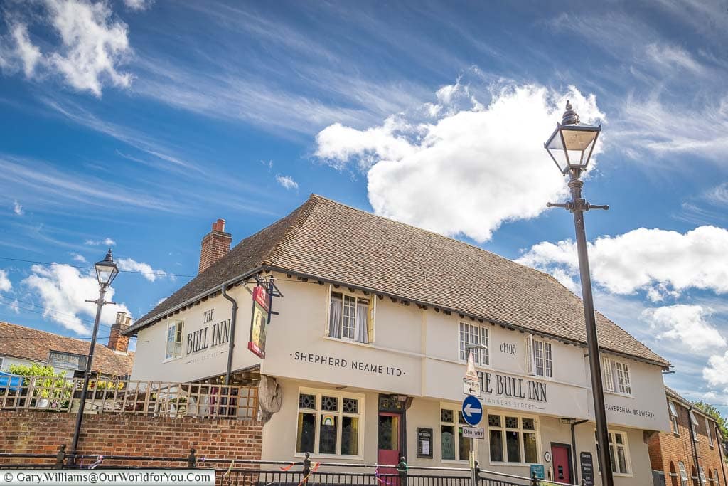 A close up of the historic Bull Inn in Faversham, Kent, that is said to date from circa 1409.
