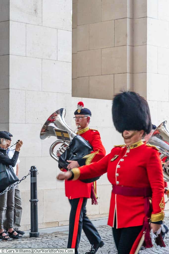 A British Military Band marching at the Last Post Ceremony at the Menin Gate in Ypres, Belgium