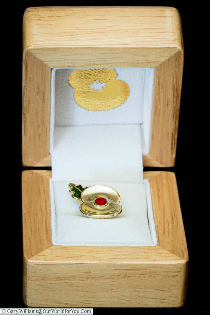 A brass Royal British Legion Passchendaele Poppy Pin, with a red enamel centre and a green leaf, set in a pin display box.