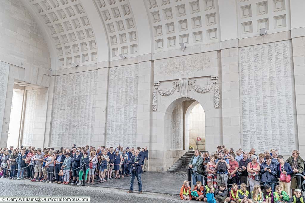 Crowds gather inside the Menin Gate in Ypres, awaiting the Last Post Ceremony.