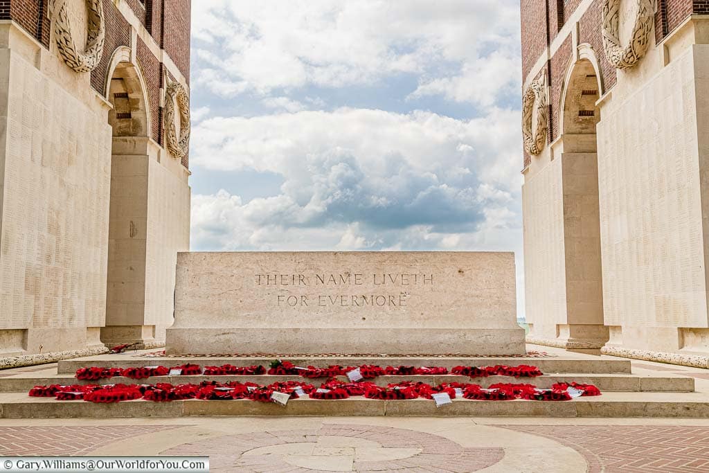 The Stone of Remembrance, engraved with the words 'There Name Liveth Forever More', at the centre of the Thiepval Memorial, Thiepval, France