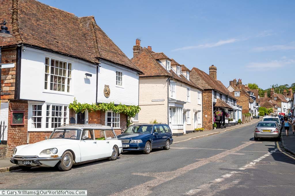 A lookup The High Street in Charing, Kent with its historic building and red tiles roofs