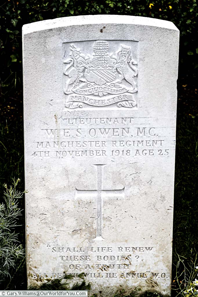 The Commonwealth War Graves headstone to Wilfred Owen in the Ors Cemetery in France