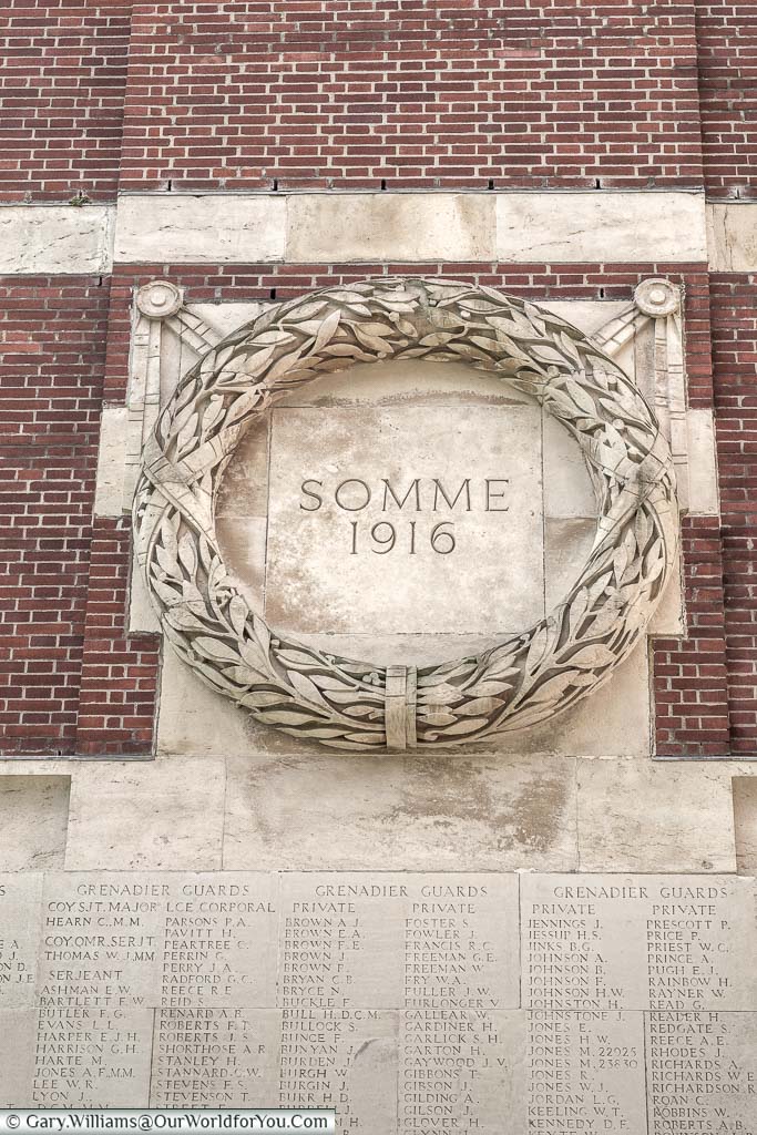 A stone wreath, commemorating the Battle of the Some in 1916, built into one of the sides of the Thiepval Memorial, Thiepval, France