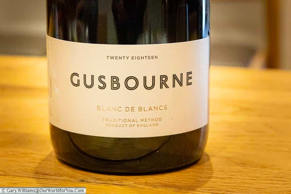 A close-up of a bottle of Gusbourne 2018 Blanc de Blancs at the Gusbourne Wine Estate in Kent