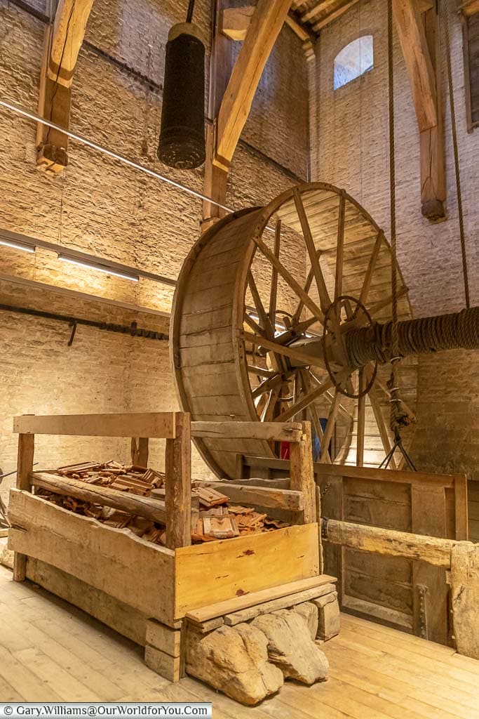 The crane chamber, with its giant hoist wheel, the first level as you climb St Rumbold’s tower.