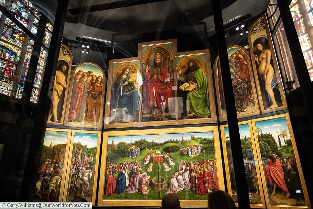 The Ghent altarpiece behind its protective screen in St Bavo’s Cathedral.