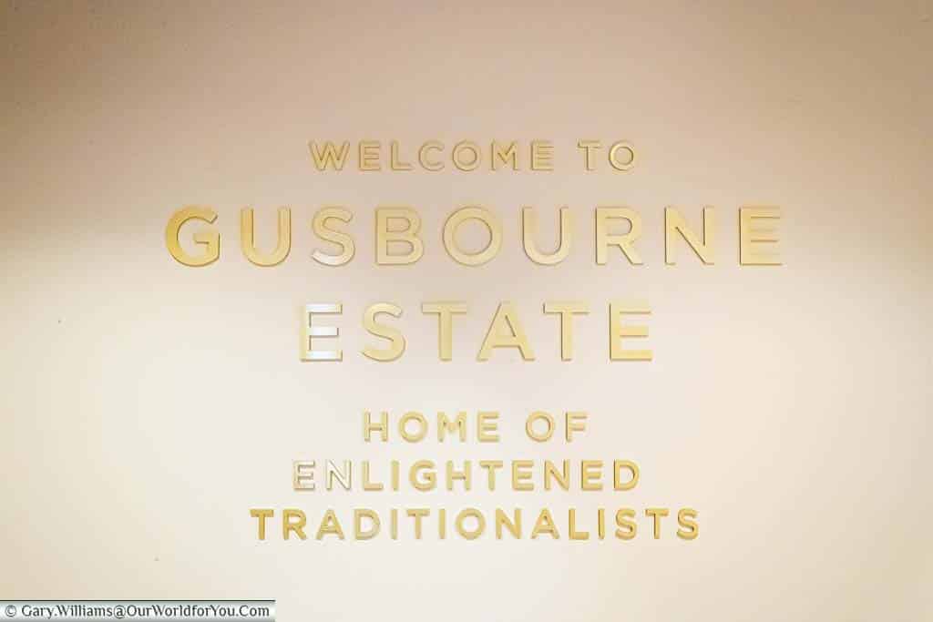 The Welcome to Gusbourne sign inside the nest at the Gusbourne Wines state in Kent