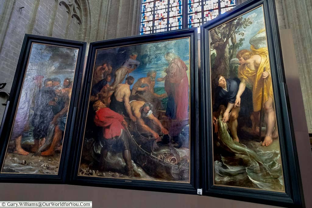 The triptych painting of ‘The miraculous draught of fishes' by Rubens on display in the Church of Our Lady across the river Dijle in Mechelen.