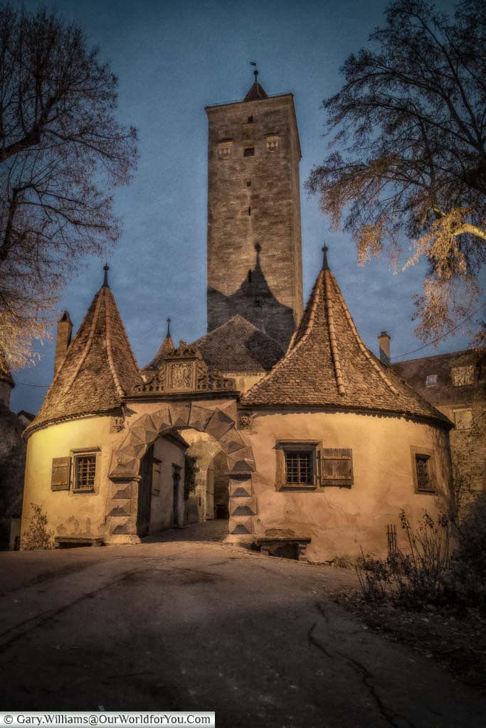 The burg turm and tower in rothenburg ob der tauber at dusk