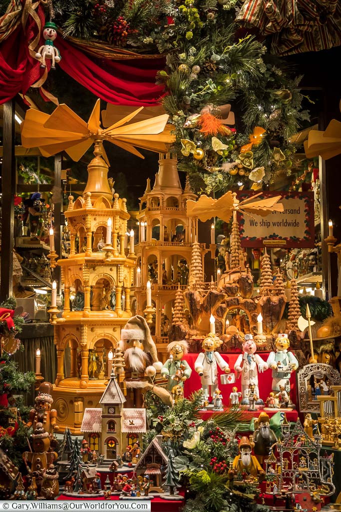 A christmas window display consisting of traditional germ gifts and decorations in rothenburg ob der tauber