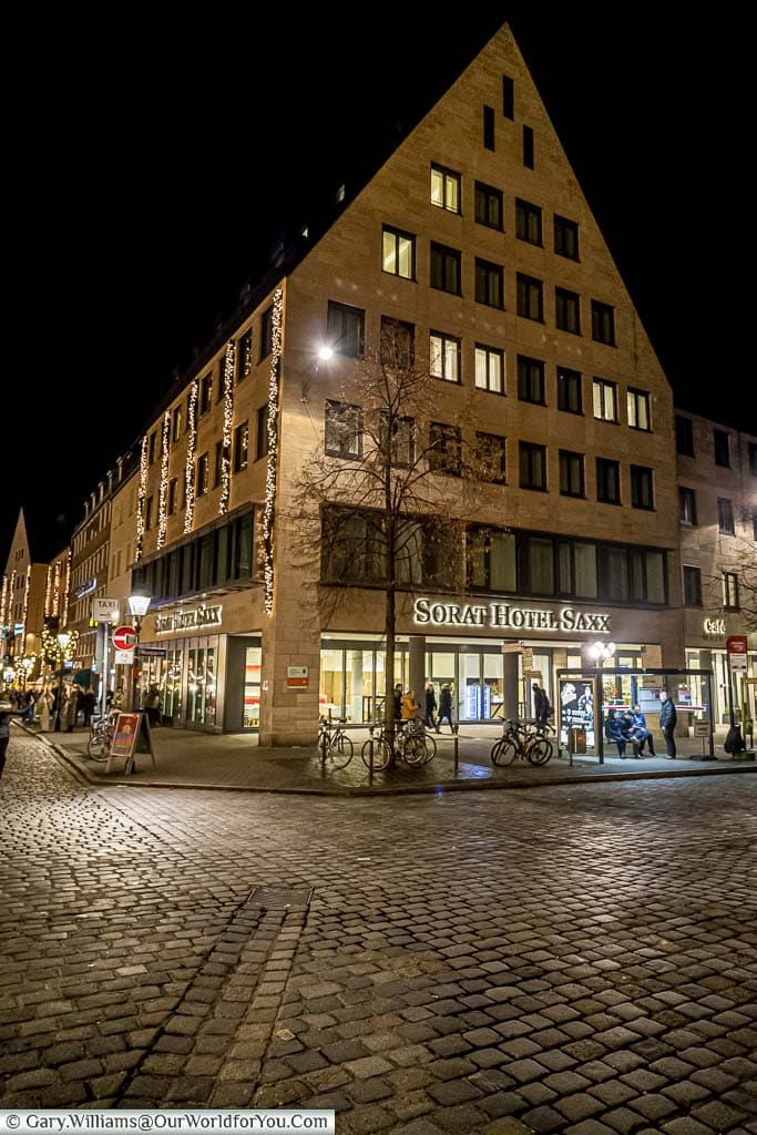 The centrally located Sorat Hotel Saxx in nuremberg on a winters night