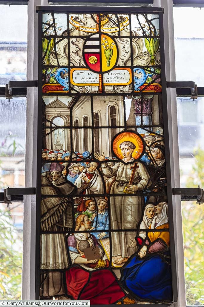 A recovered stained glass panel of Saint Norbert in Park Abbey in Leuven, Belgium