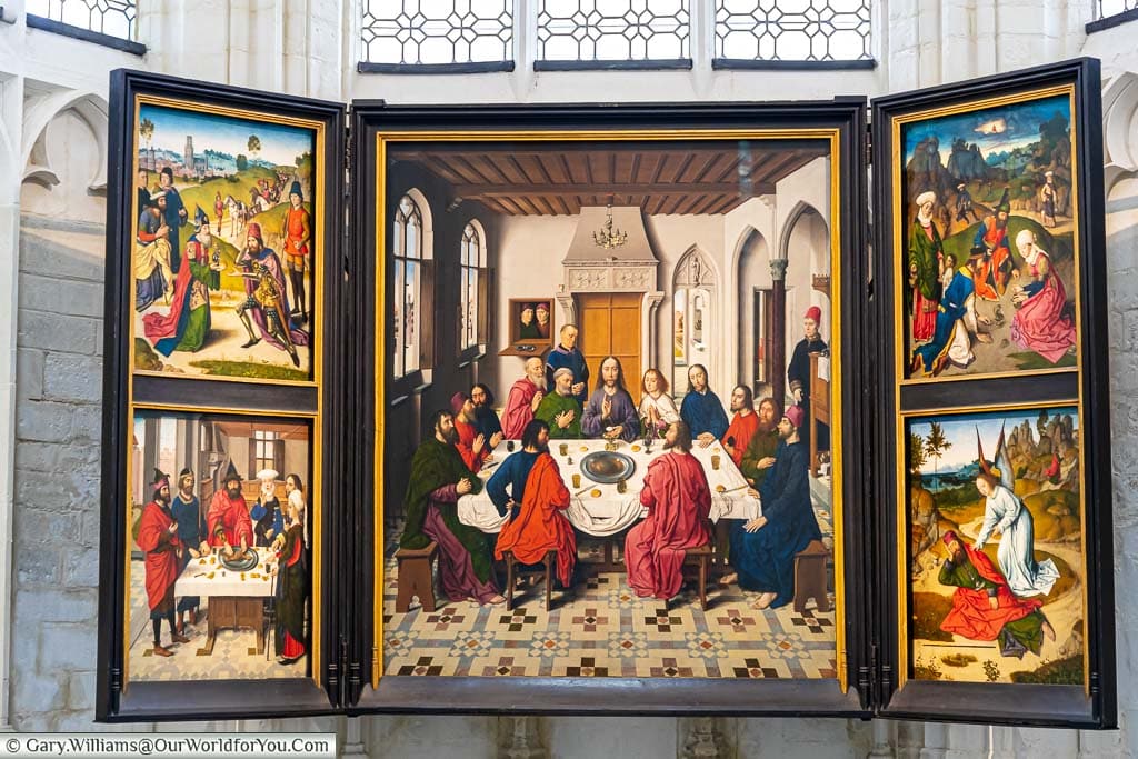 A triptych altarpiece featuring 'The Last Supper’ by Dieric Bouts in Saint Peter’s Church in the Grote Markt in the historical heart of Leuven, belgium