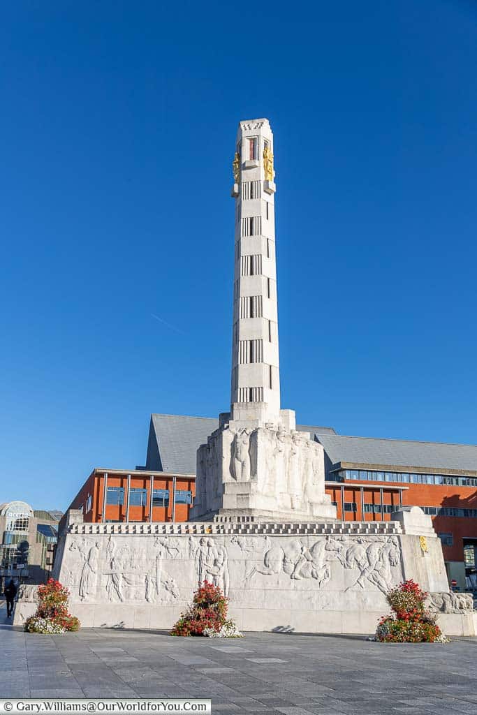 The white stone Peace Monument that sits in front of Leuven's central railway station