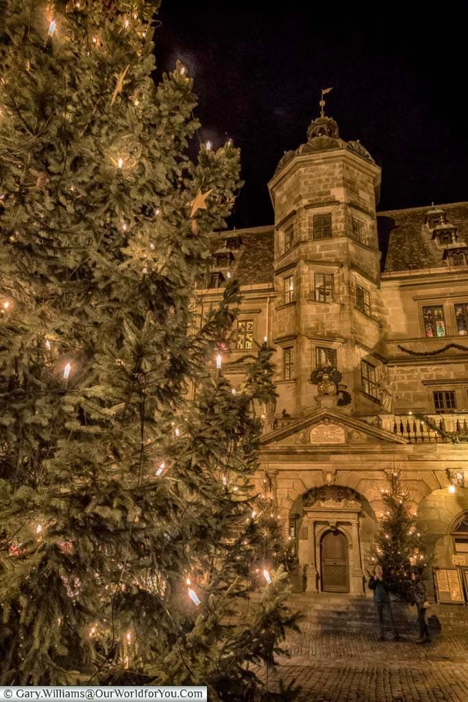 Rothenburg's Christmas tree in front of the tower in the centre of the Rathaus.