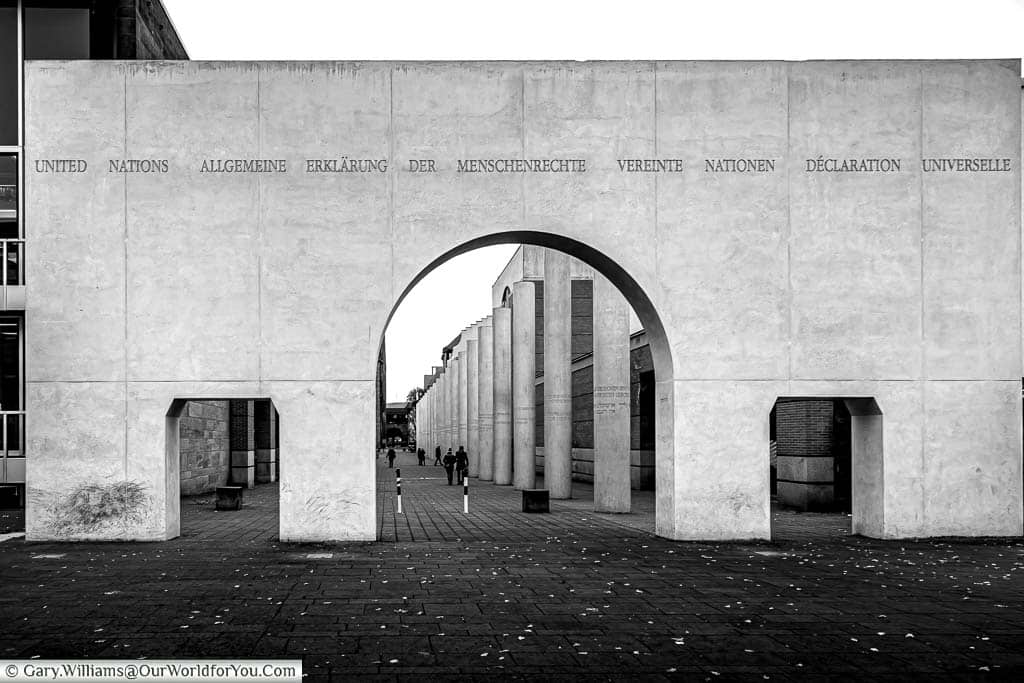 The concrete gateway at the entrance to the Way of Human Rights in Nuremberg