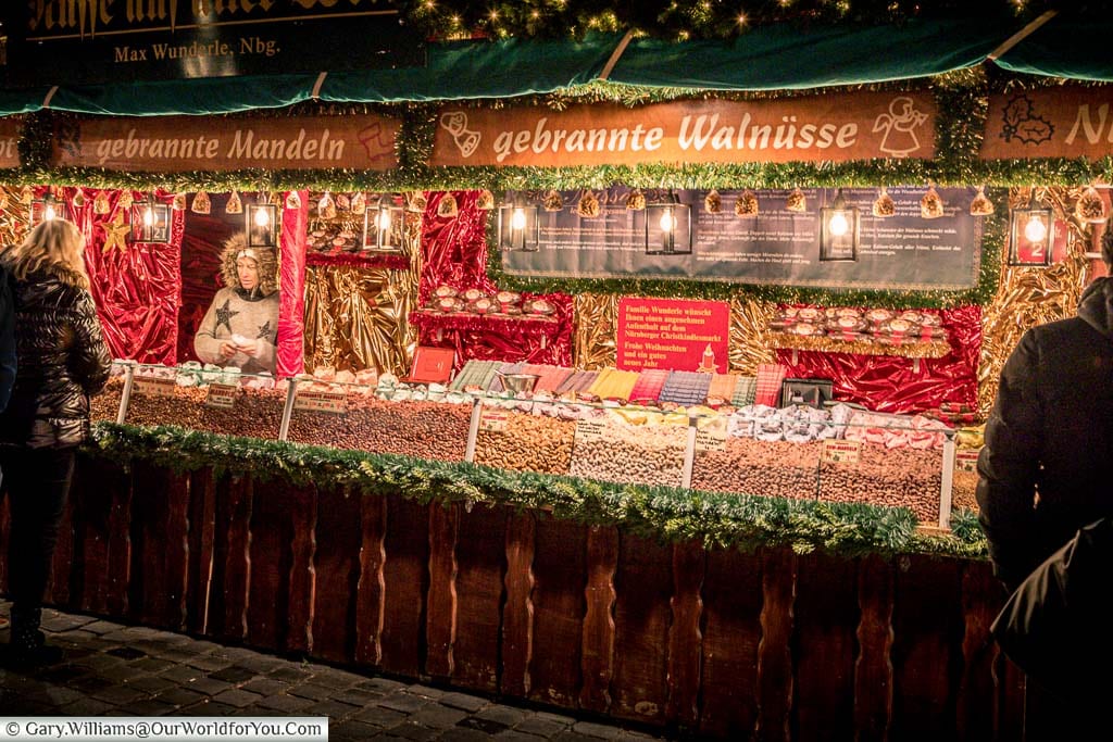 A nut seller offering sweet sticky nuts on a German Christmas Market stall in Nuremberg
