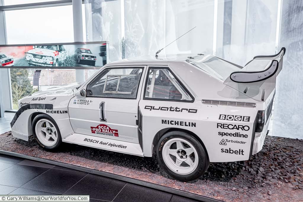 The short wheelbase Audi Quattro S1 on a gravel rally stage at the audi museum in the audi forum ingolstadt