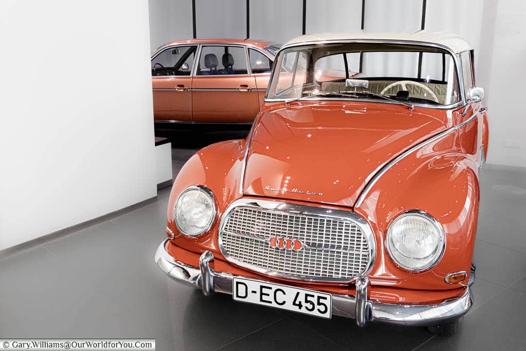 The late 50's/early 60's burnt orange coloured Auto Union 1000 on display in the audi forum ingolstadt