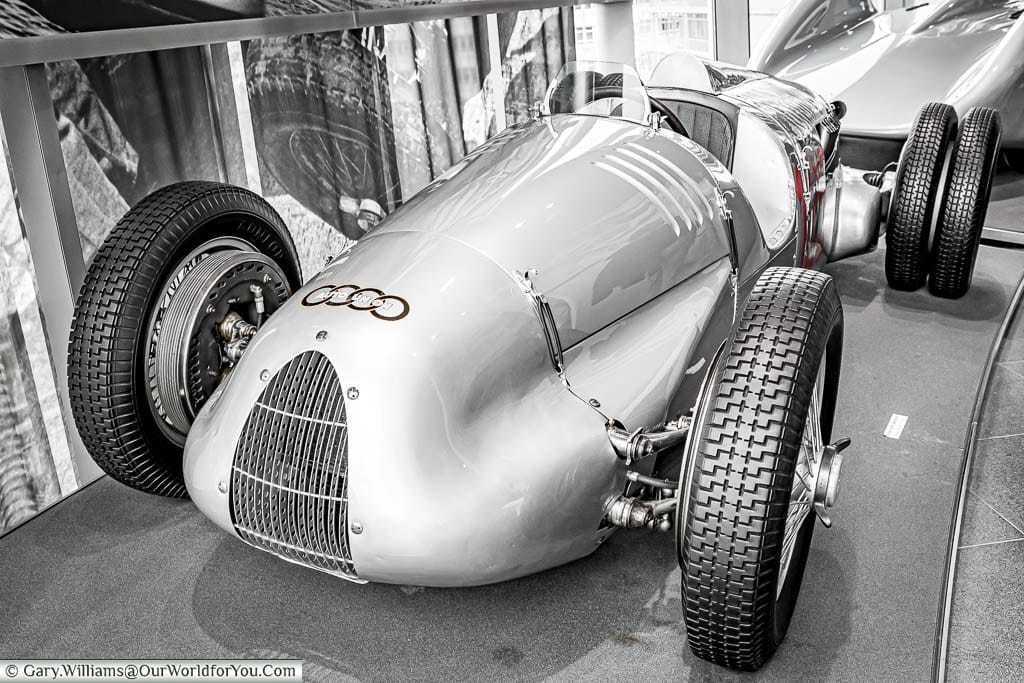 The Auto Union 1938-39 type D 16 cylinder racing car with it's 4 tyre rear axle at the audi museum in the audi forum ingolstadt