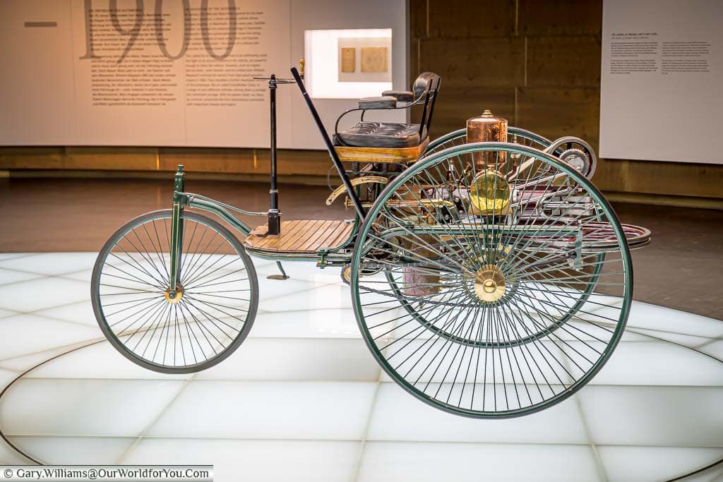 The original Benz Patent Motor Car takes centre stage at the start of the mercedes benz museum in sutttgart