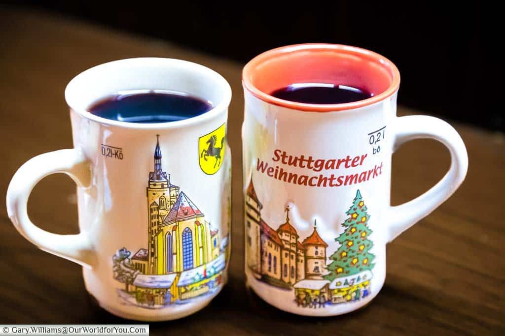 Two decorative mugs of glühwein on Stuttgart's Christmas Market.