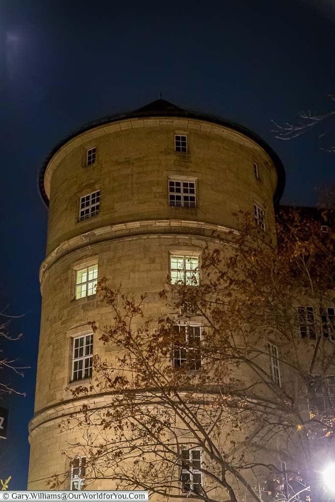 A historic round tower in stuttgart during its christmas market season