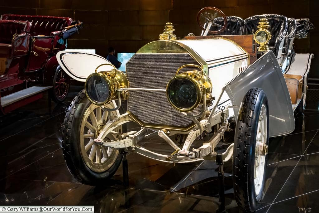 An early 20th-century four-seater Mercedes double phaeton, which means open tourer, on display in the mercedes benz museum in stuttgart