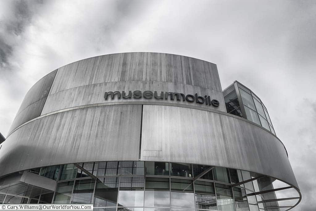 The stylish circulal museumobile building that is home to the Audi museum in the audi forum ingolstadt complex.