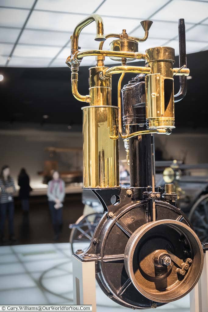 A standalone grandfather clock engine in the mercedes benz museum in stuttgart
