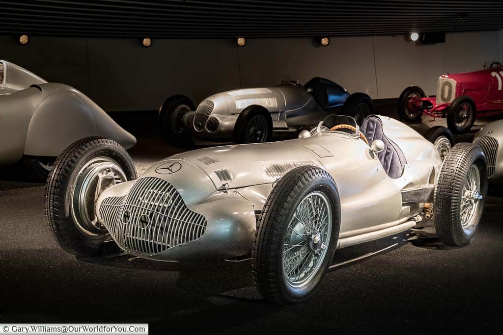 The 1938 Mercedes-Benz W 154 3-liter racing car on the 'track' section of the mercedes benz museum in stuttgart