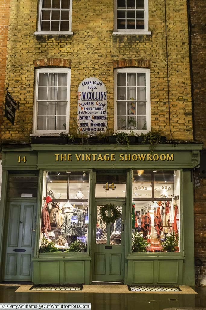 The quirky Vintage Showroom shop decorated for Christmas in London