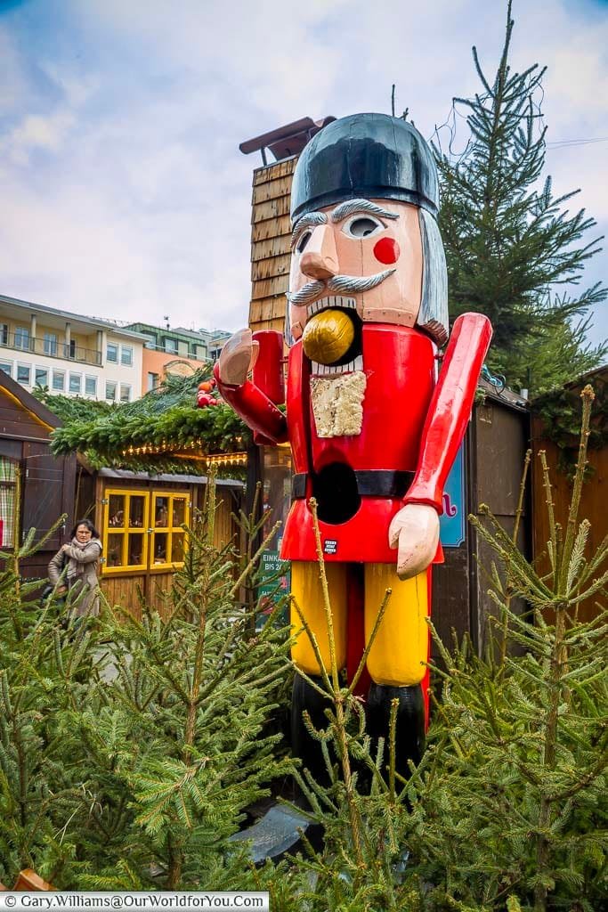 A giant german christmas solder nutcracker in a christmas market in stuttgart, germany